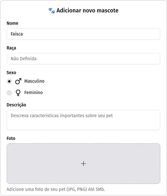 Tela de cadastro do pet